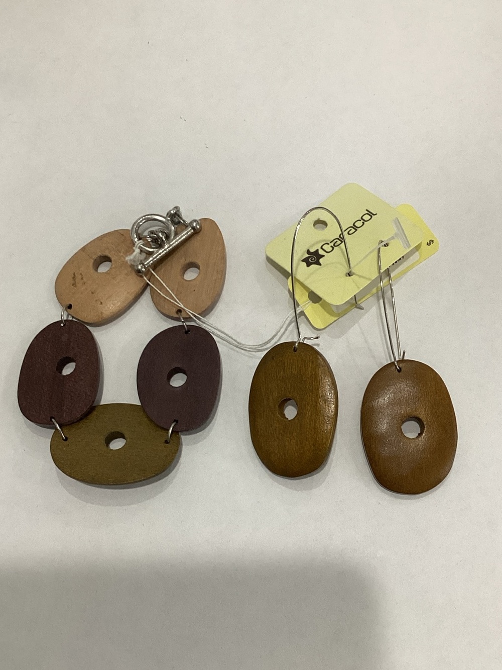 Beaded Wooden Oval Drop Earrings‎ and Bracelet Set - Brown & Tan